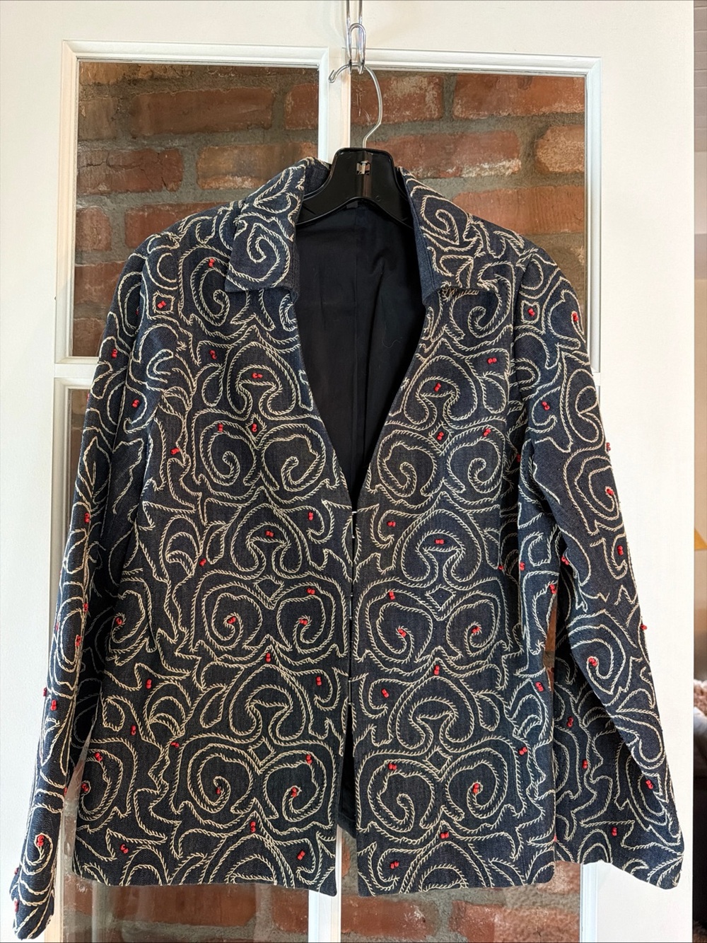 Anne Klein Embroidered Swirl Pattern Jacket in Navy with Red Accents